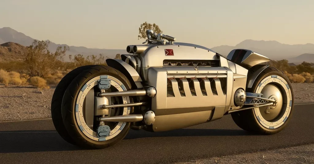 Dodge Tomahawk, prototipo della moto più veloce al mondo, fotografata sul bordo di una strada nel deserto di Las Vegas al tramonto.