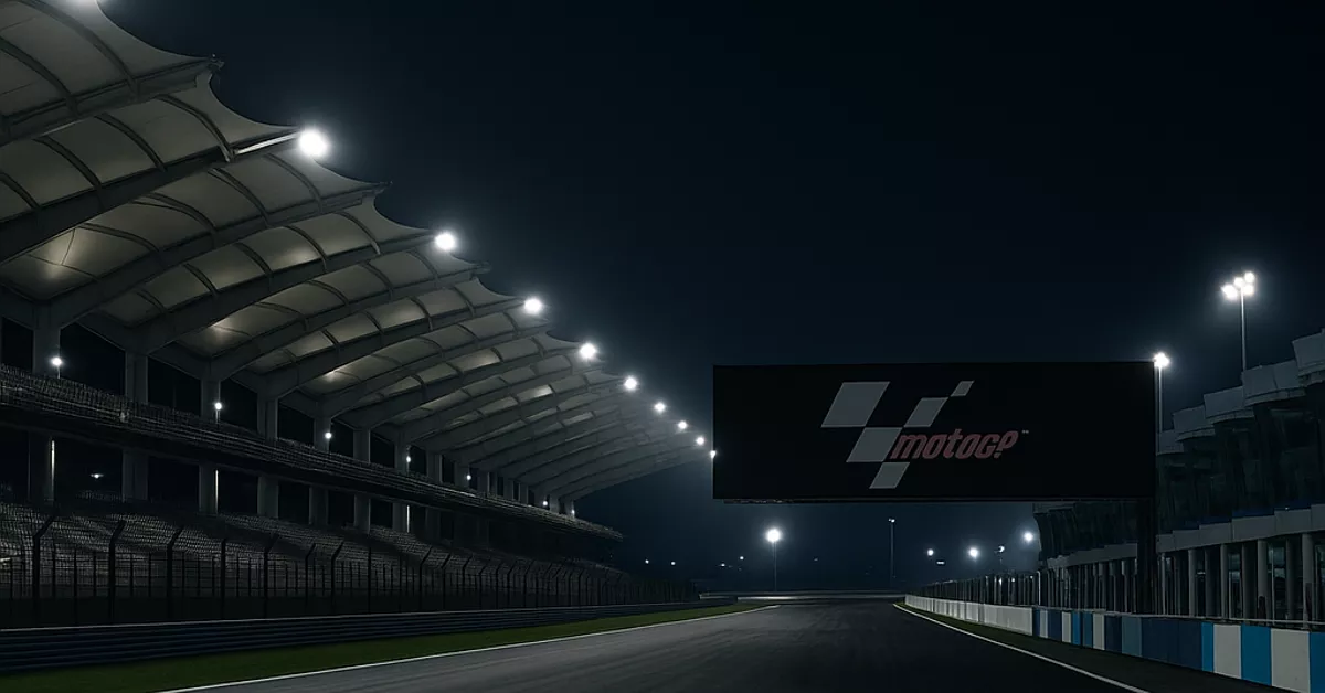 Render notturno realistico del circuito di Sepang con le luci accese e il logo MotoGP sullo sfondo.