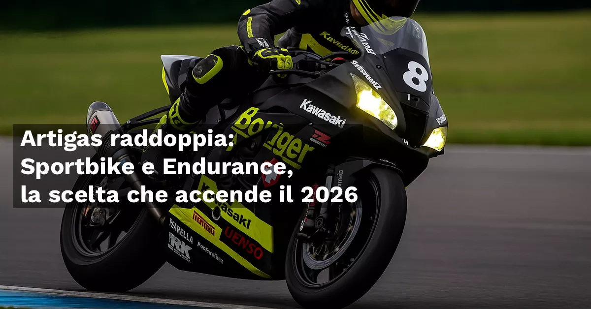 Moto Kawasaki in configurazione endurance su pista, ispirata ai colori del Team Bolliger, durante una piega ad alta velocità.