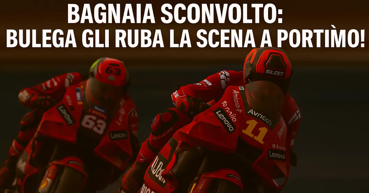 Bagnaia e Bulega in piega a Portimão con le Ducati Lenovo e Aruba.it, simbolo della nuova sfida interna tra i due piloti italiani.