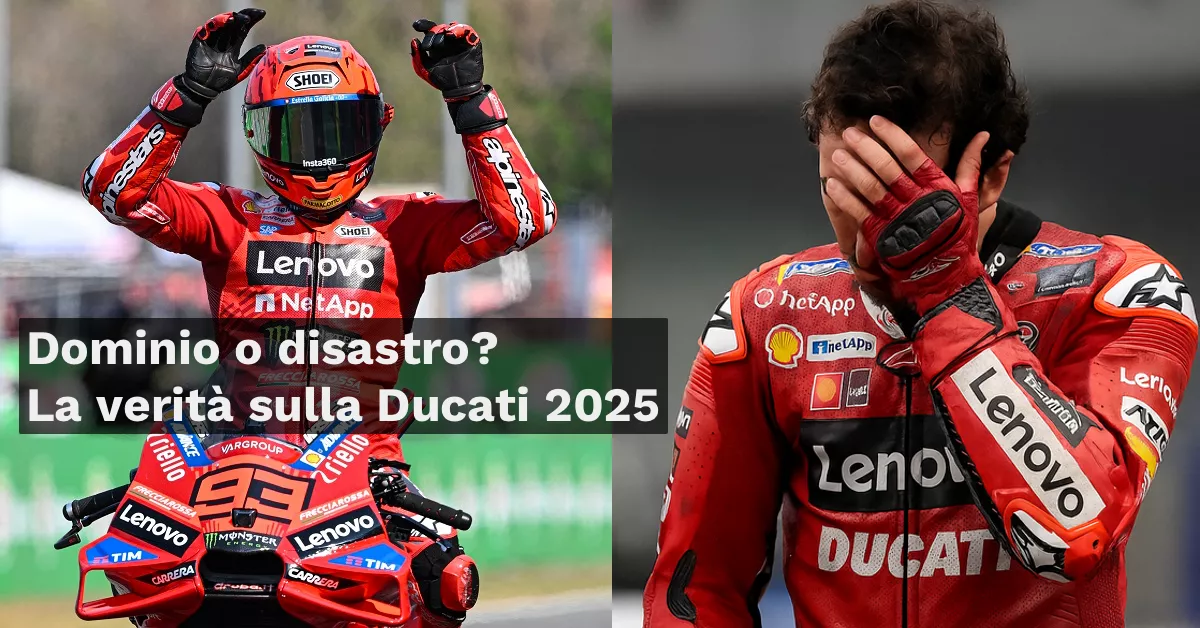 Marc Márquez in festa e Francesco Bagnaia abbattuto, immagine illustrativa del contrasto interno alla Ducati nel 2025.