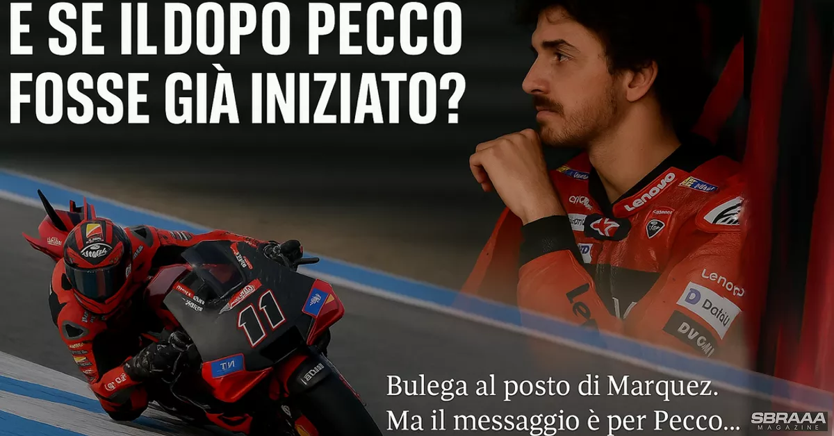 Bulega in azione sulla Ducati numero 11 e Bagnaia pensieroso nel box, simbolo del possibile inizio dell’era post-Pecco in MotoGP.
