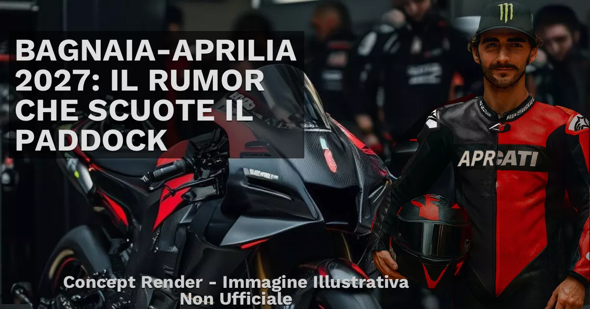 Pecco Bagnaia in tuta metà Aprilia e metà Ducati accanto a un concept render della futura RS-GP 2027 in livrea nera e rossa, immagine illustrativa non ufficiale.