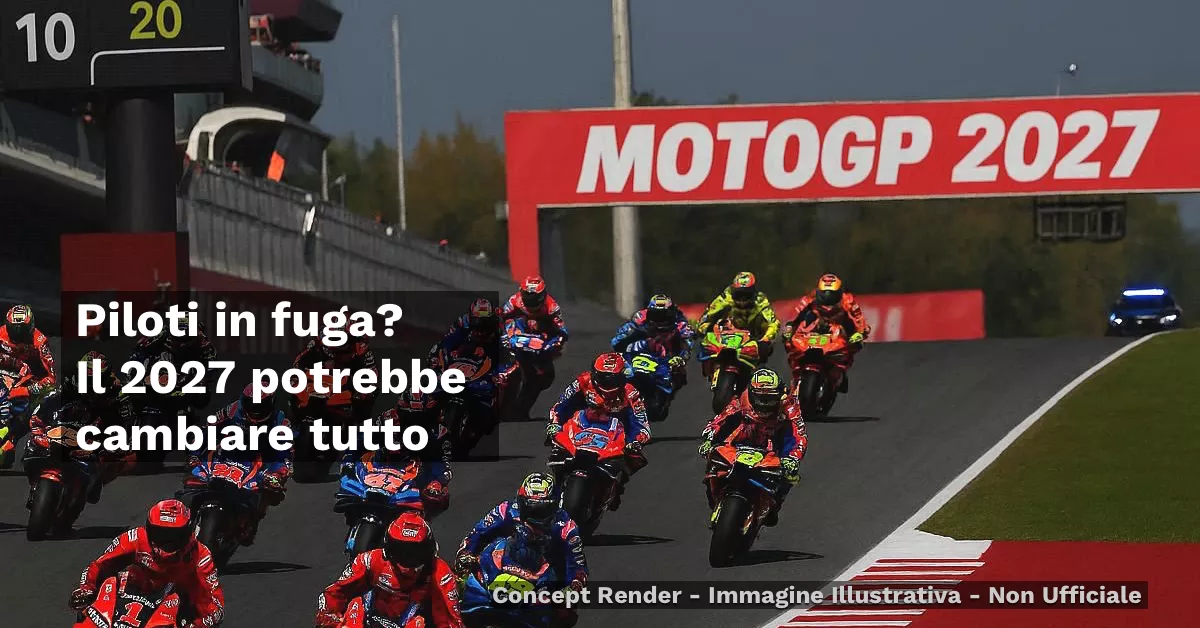 Piloti MotoGP in accelerazione su un rettilineo con la scritta MotoGP 2027, immagine illustrativa non ufficiale che rappresenta il tema del mercato piloti 2027.