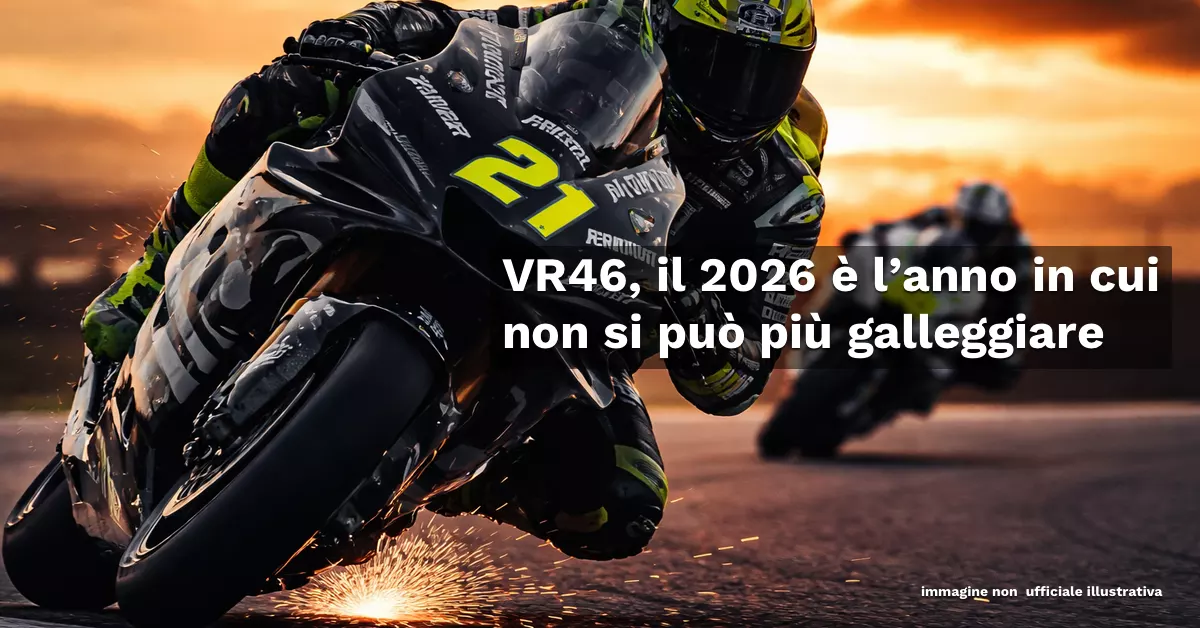 Moto VR46 in curva al limite durante una sessione MotoGP, con scintille sull’asfalto e pressione competitiva in vista della stagione 2026